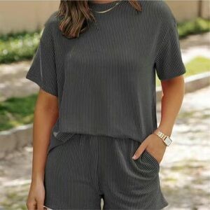 Ribbed Short Sleeve Lounge Set in Charcoal